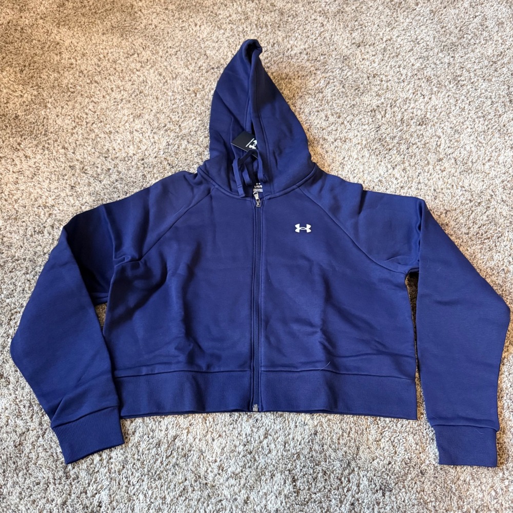 Under Armour Womens Rival Fleece Crop Full Zip Hoodie Navy Blue 1385890 Large